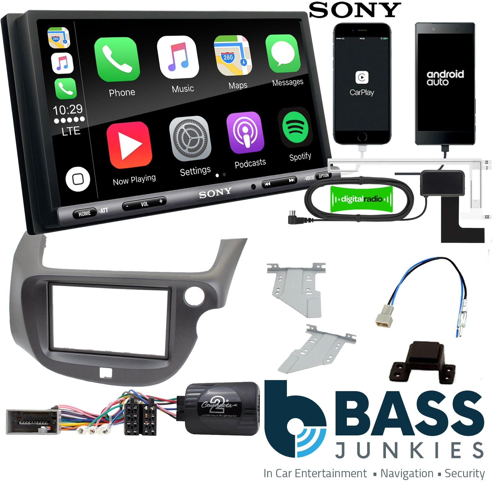 SONY DAB+ Apple | Android Double Din Stereo Fitting Kit + Steering Wheel Stalk Controls to fit Honda Jazz 2008-14