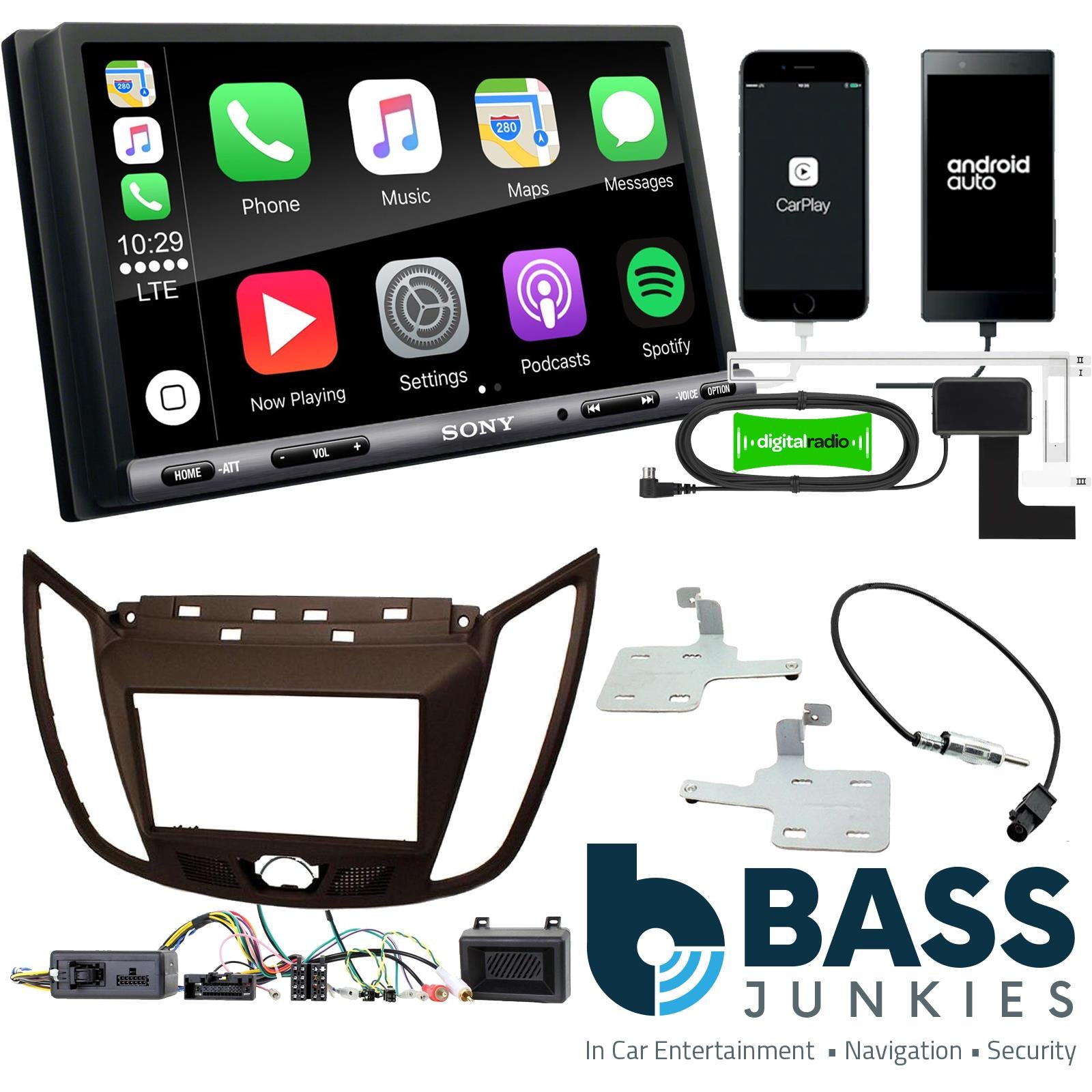 SONY DAB+ Apple | Android Double Din Stereo Fitting Kit + Steering Wheel Stalk Controls to fit Ford C-Max 2010-