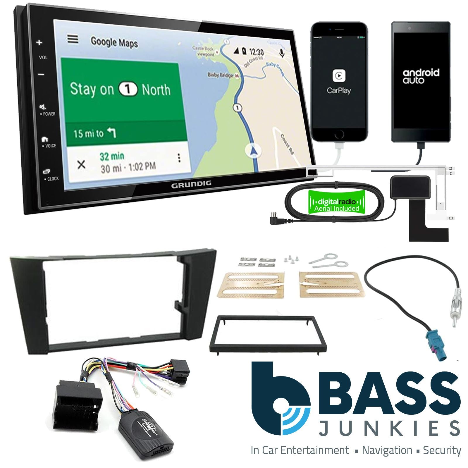 Grundig 6.8" Apple Android Double Din Stereo Fitting Kit + Steering Wheel Stalk Controls to fit Mercedes E-Class 2002-09