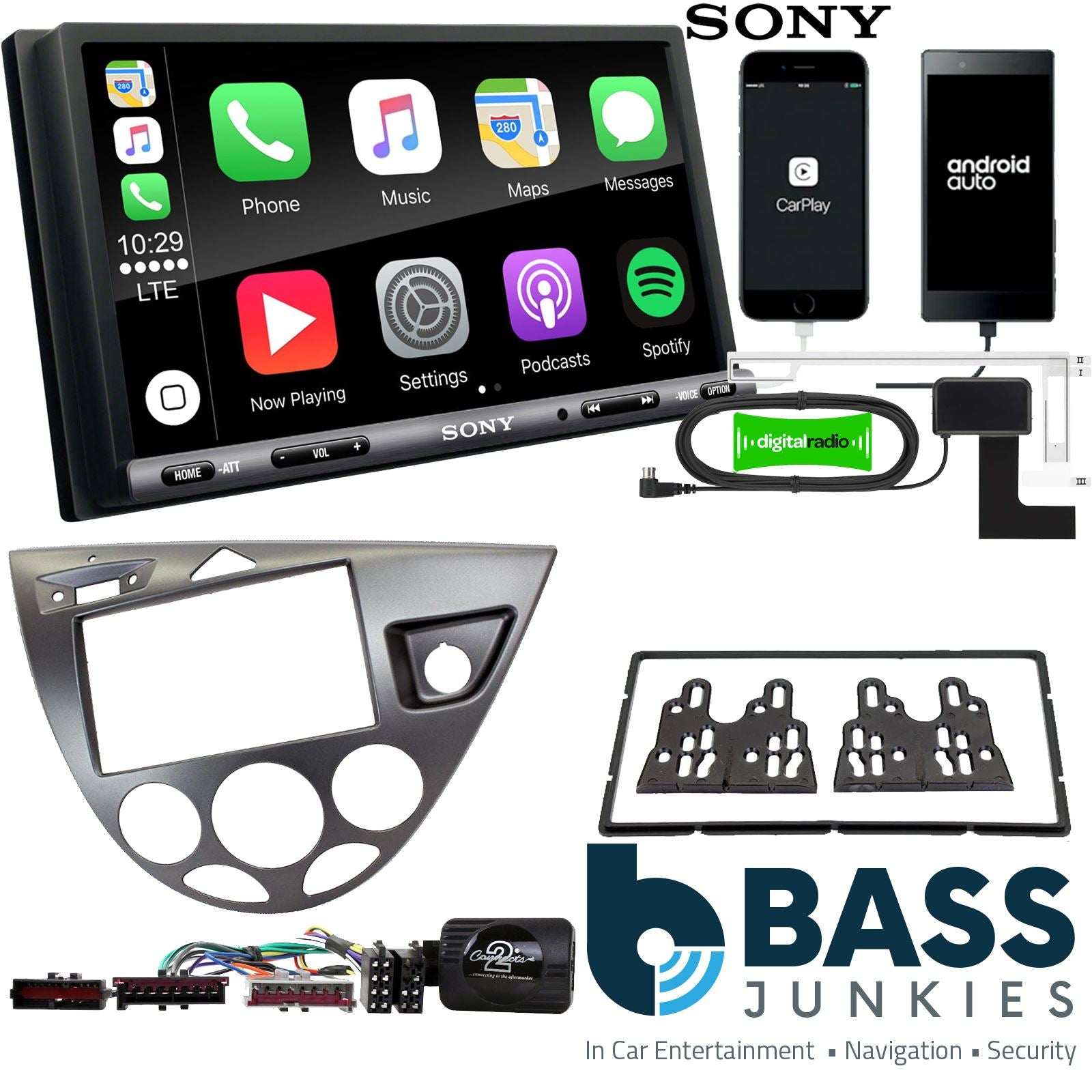 SONY DAB+ Apple | Android Double Din Stereo Fitting Kit + Steering Wheel Stalk Controls to fit Ford Focus 1999-04