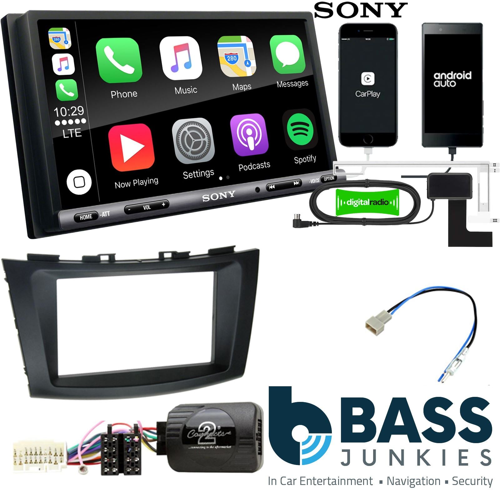 SONY DAB+ Apple | Android Double Din Stereo Fitting Kit + Steering Wheel Stalk Controls to fit Suzuki Swift 2011-17