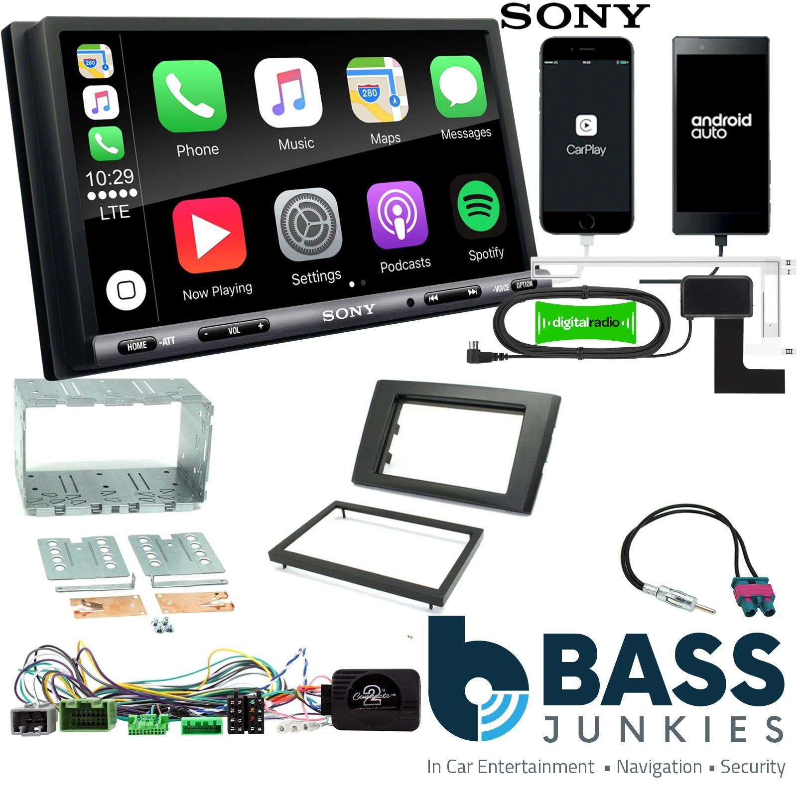 SONY DAB+ Apple | Android Double Din Stereo Fitting Kit + Steering Wheel Stalk Controls to fit Volvo XC90 2006-14