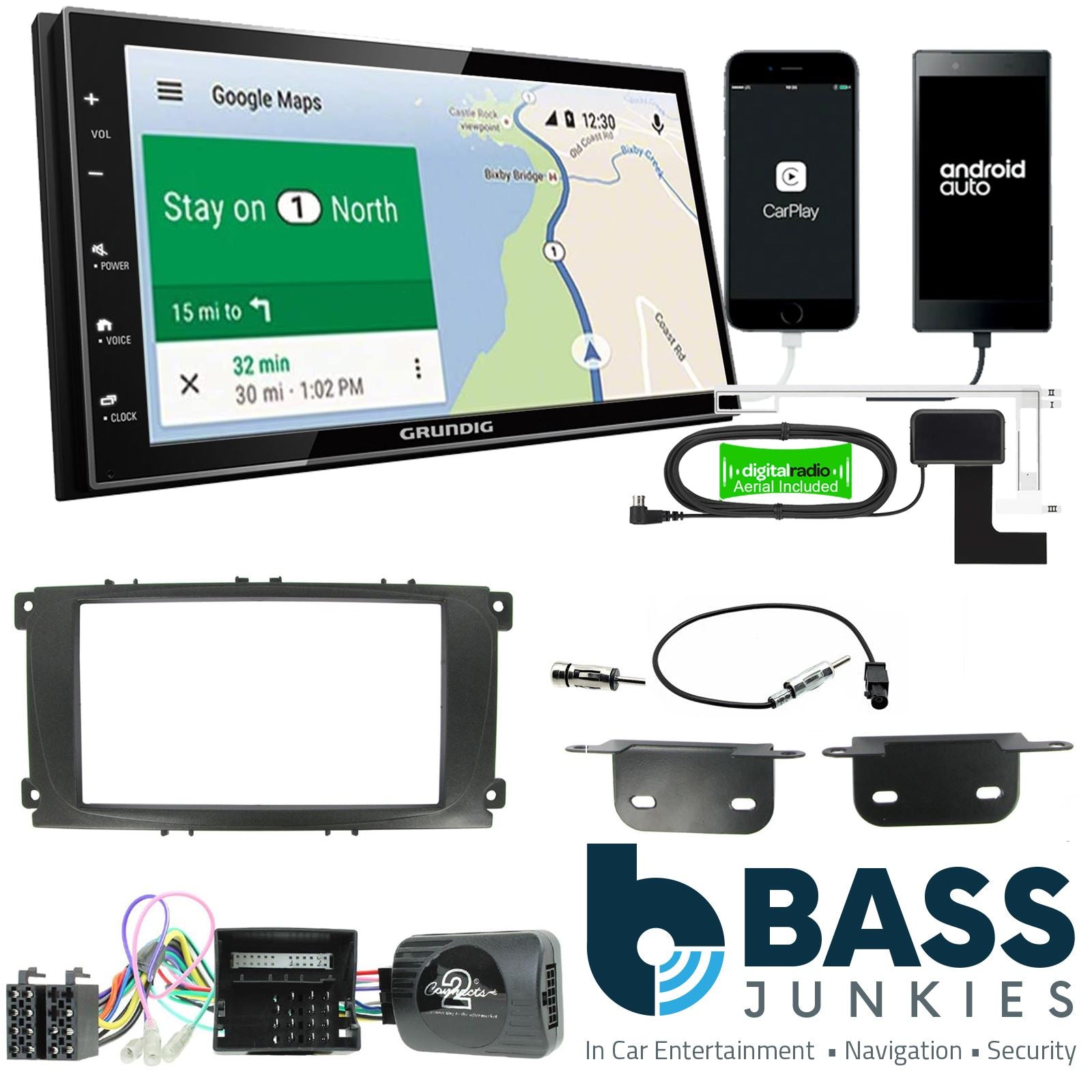 Grundig 6.8" Apple Android Double Din Stereo Fitting Kit + Steering Wheel Stalk Controls to fit Ford S-Max 2006-14 | Ford Focus 2007-11 | Ford Mondeo 2007-14