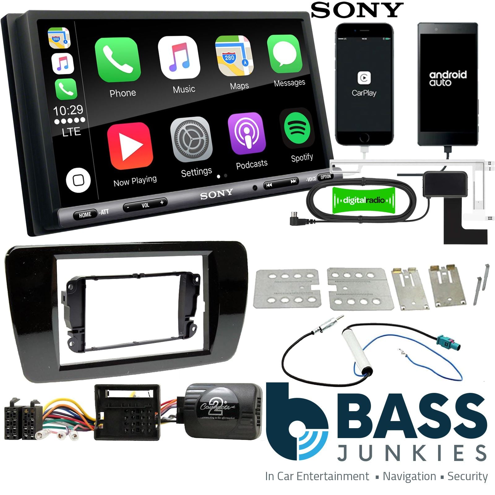 SONY DAB+ Apple | Android Double Din Stereo Fitting Kit + Steering Wheel Stalk Controls to fit Seat Ibiza 2008-14