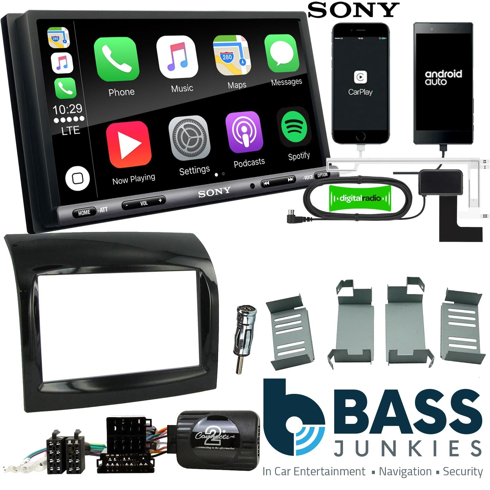 SONY DAB+ Apple | Android Double Din Stereo Fitting Kit + Steering Wheel Stalk Controls to fit Fiat Ducato 2012-14