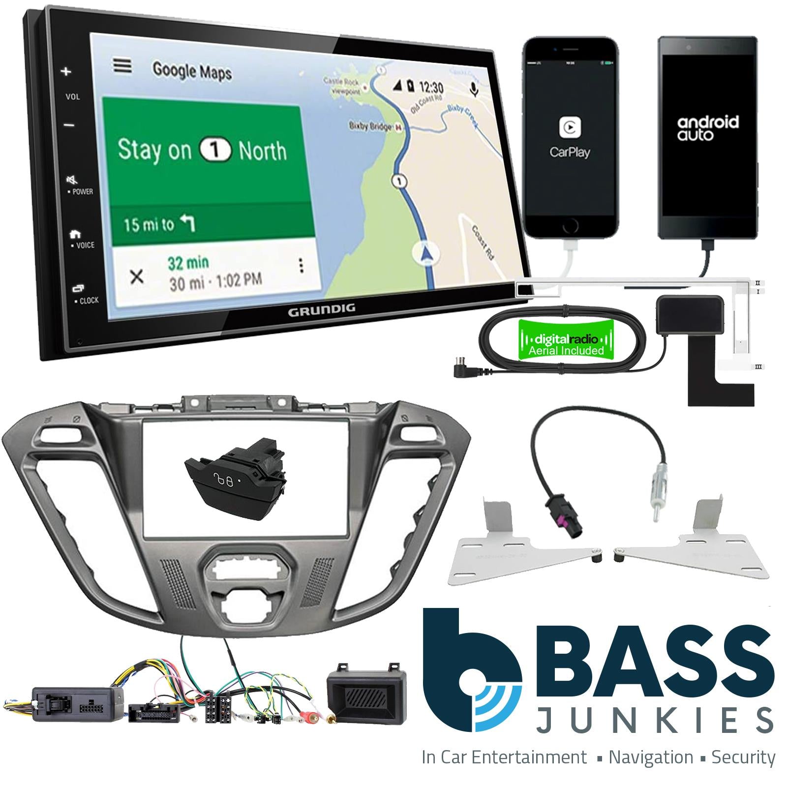 Grundig 6.8" Apple Android Double Din Stereo Fitting Kit + Steering Wheel Stalk Controls to fit Ford Transit-Custom 12-16
