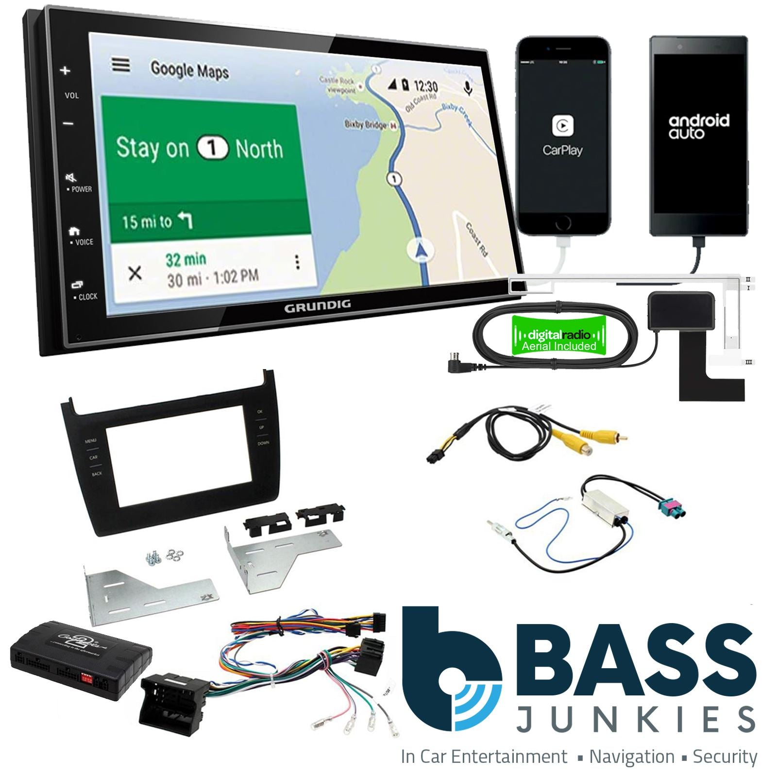 Grundig 6.8" Apple Android Double Din Stereo Fitting Kit + Steering Wheel Stalk Controls to fit VW Polo 2012-17