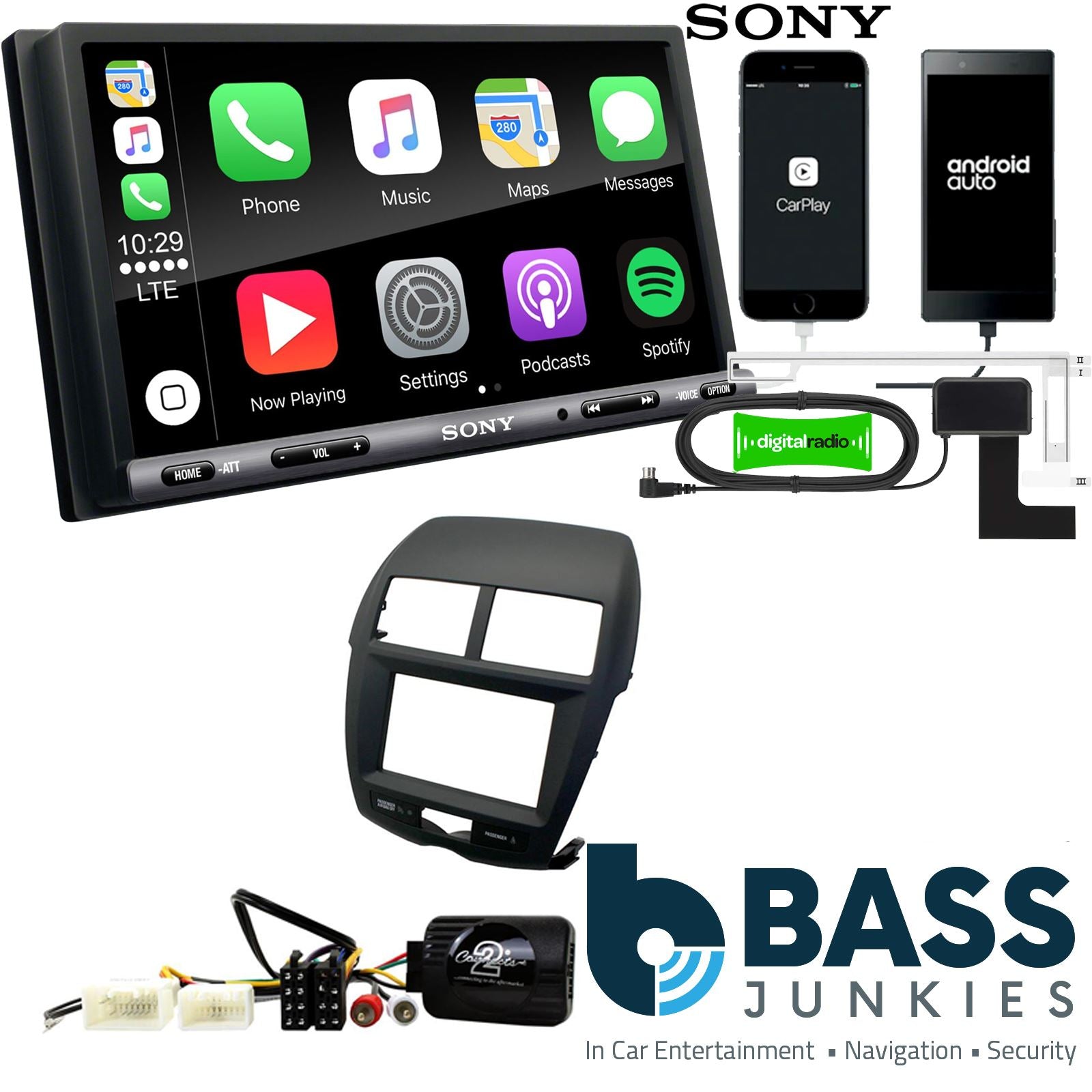 SONY DAB+ Apple | Android Double Din Stereo Fitting Kit + Steering Wheel Stalk Controls to fit Mitsubishi ASX 2010-14