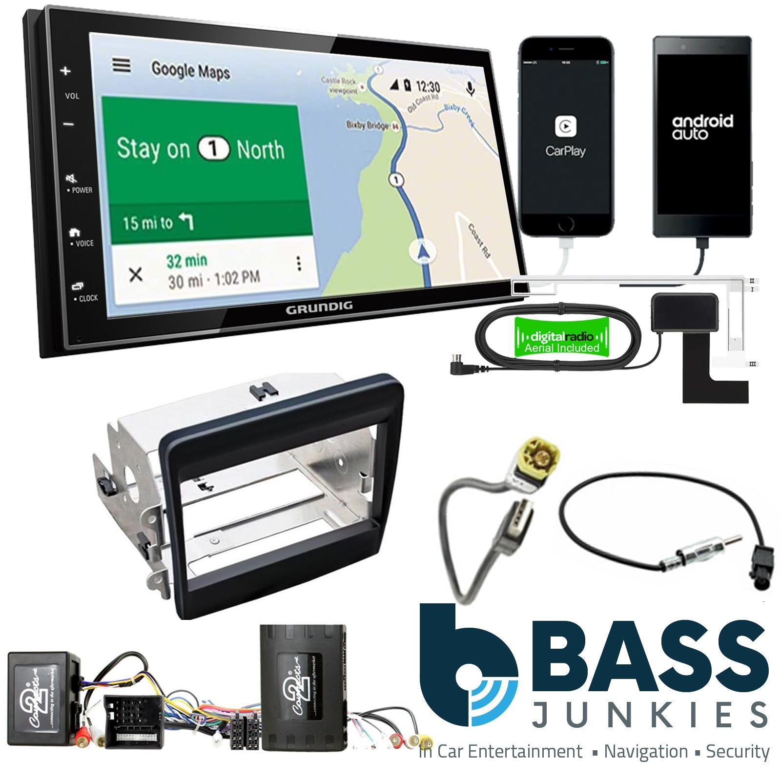 Grundig 6.8" Apple Android Double Din Stereo Fitting Kit + Steering Wheel Stalk Controls to fit Porsche 911 2011-16