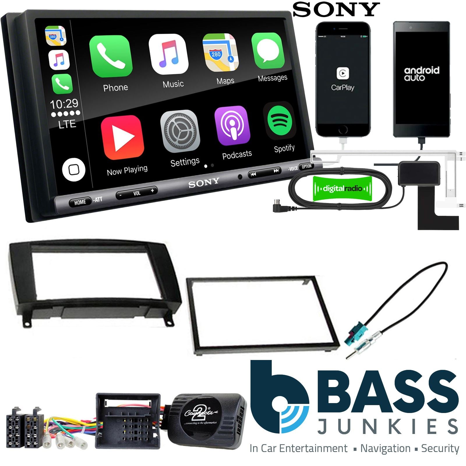 SONY DAB+ Apple | Android Double Din Stereo Fitting Kit + Steering Wheel Stalk Controls to fit Mercedes CLK 2004-09