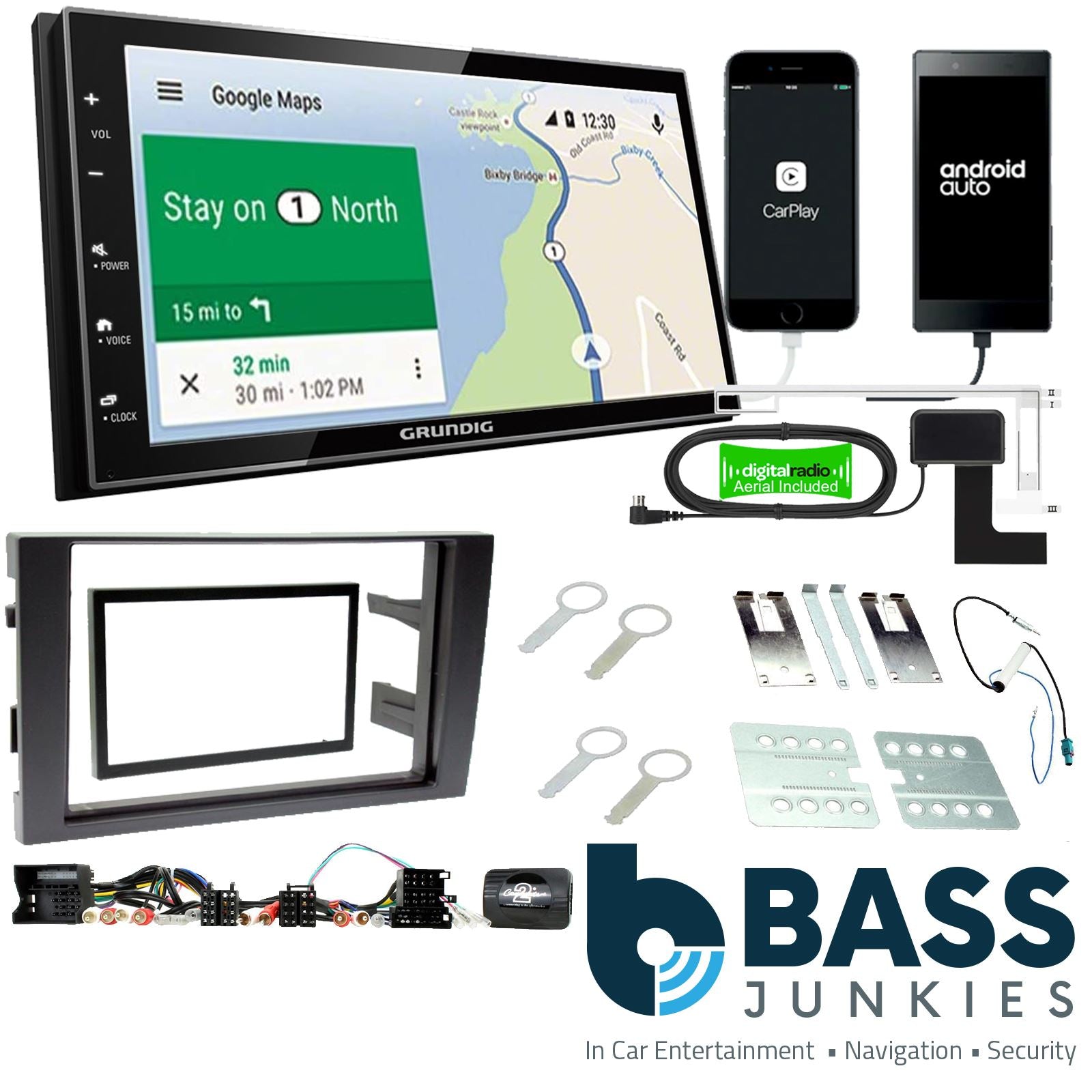 Grundig 6.8" Apple Android Double Din Stereo Fitting Kit + Steering Wheel Stalk Controls to fit Audi A4 2001-08
