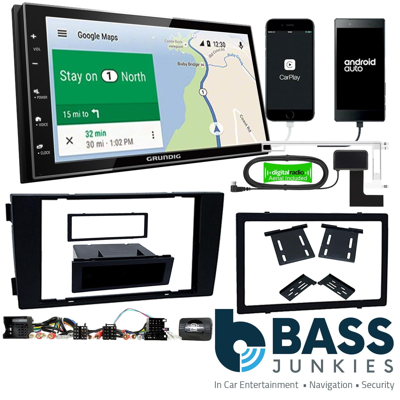 Grundig 6.8" Apple Android Double Din Stereo Fitting Kit + Steering Wheel Stalk Controls to fit Audi A6 2004-08