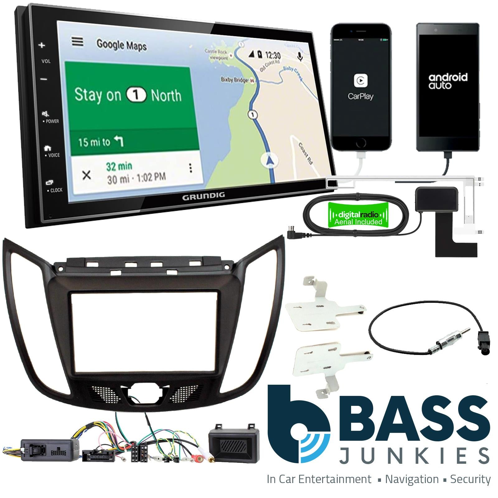 Grundig 6.8" Apple Android Double Din Stereo Fitting Kit + Steering Wheel Stalk Controls to fit Ford Kuga 2013-