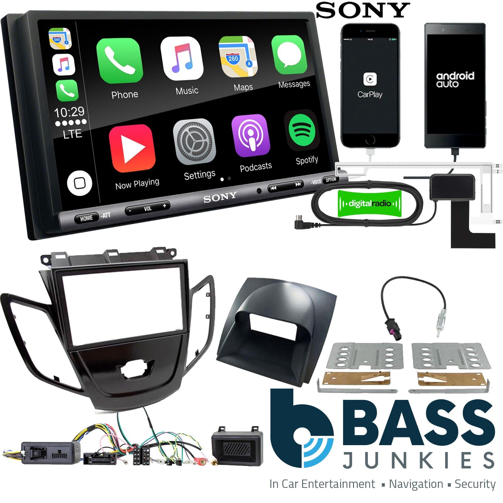 SONY DAB+ Apple | Android Double Din Stereo Fitting Kit + Steering Wheel Stalk Controls to fit Ford Fiesta 2010-12