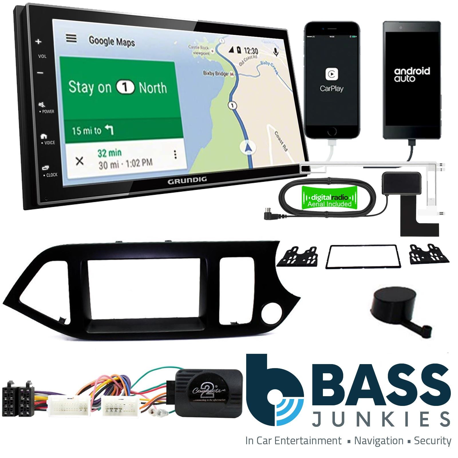 Grundig 6.8" Apple Android Double Din Stereo Fitting Kit + Steering Wheel Stalk Controls to fit Kia Picanto 2011-17