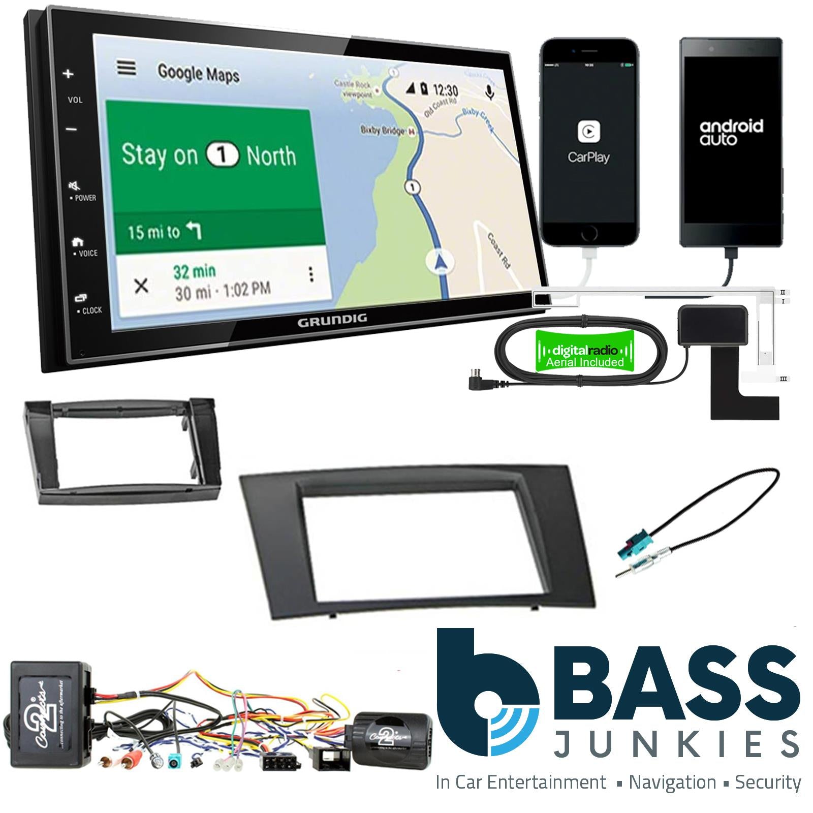 Grundig 6.8" Apple Android Double Din Stereo Fitting Kit + Steering Wheel Stalk Controls to fit Mercedes E-Class 2002-09