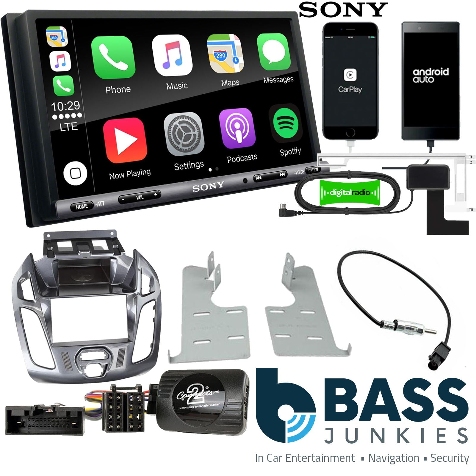 SONY DAB+ Apple | Android Double Din Stereo Fitting Kit + Steering Wheel Stalk Controls to fit Ford Transit-Connect 13-21