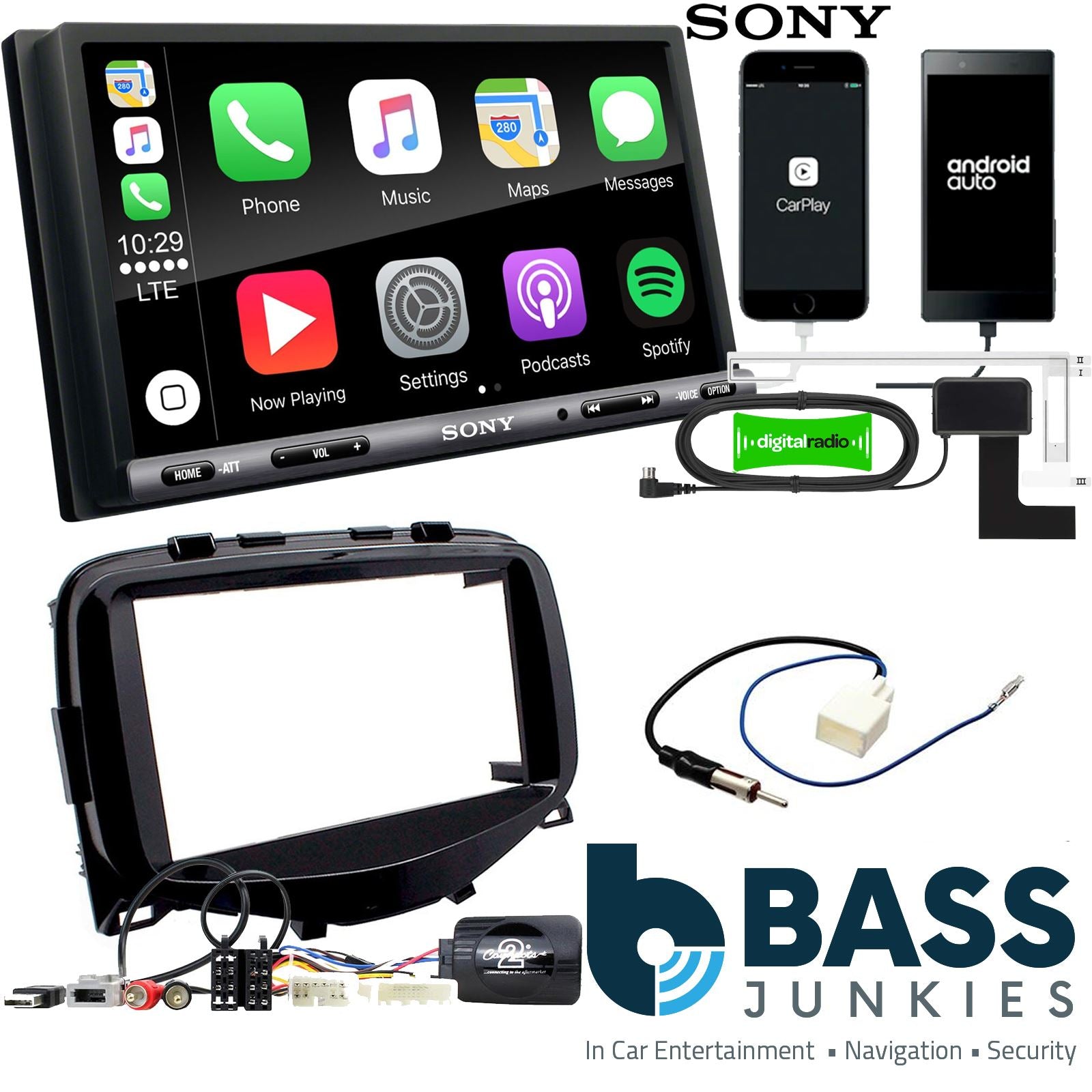 SONY DAB+ Apple | Android Double Din Stereo Fitting Kit + Steering Wheel Stalk Controls to fit Toyota Aygo 2014-18