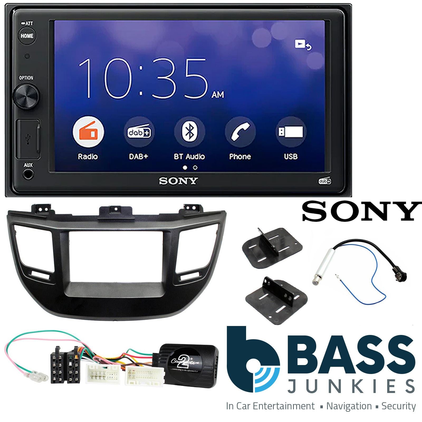 SONY XAV-1550D DAB+ Smart Bluetooth Car Radio + Left Hand Drive [LHD] Stereo fitting kit + Steering Wheel Controls Loom for Hyundai Tucson 2015-2021