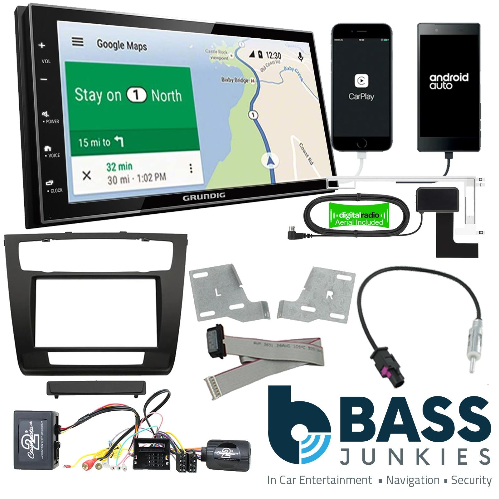 Grundig 6.8" Apple Android Double Din Stereo Fitting Kit + Steering Wheel Stalk Controls to fit BMW 1-Series 2007-13