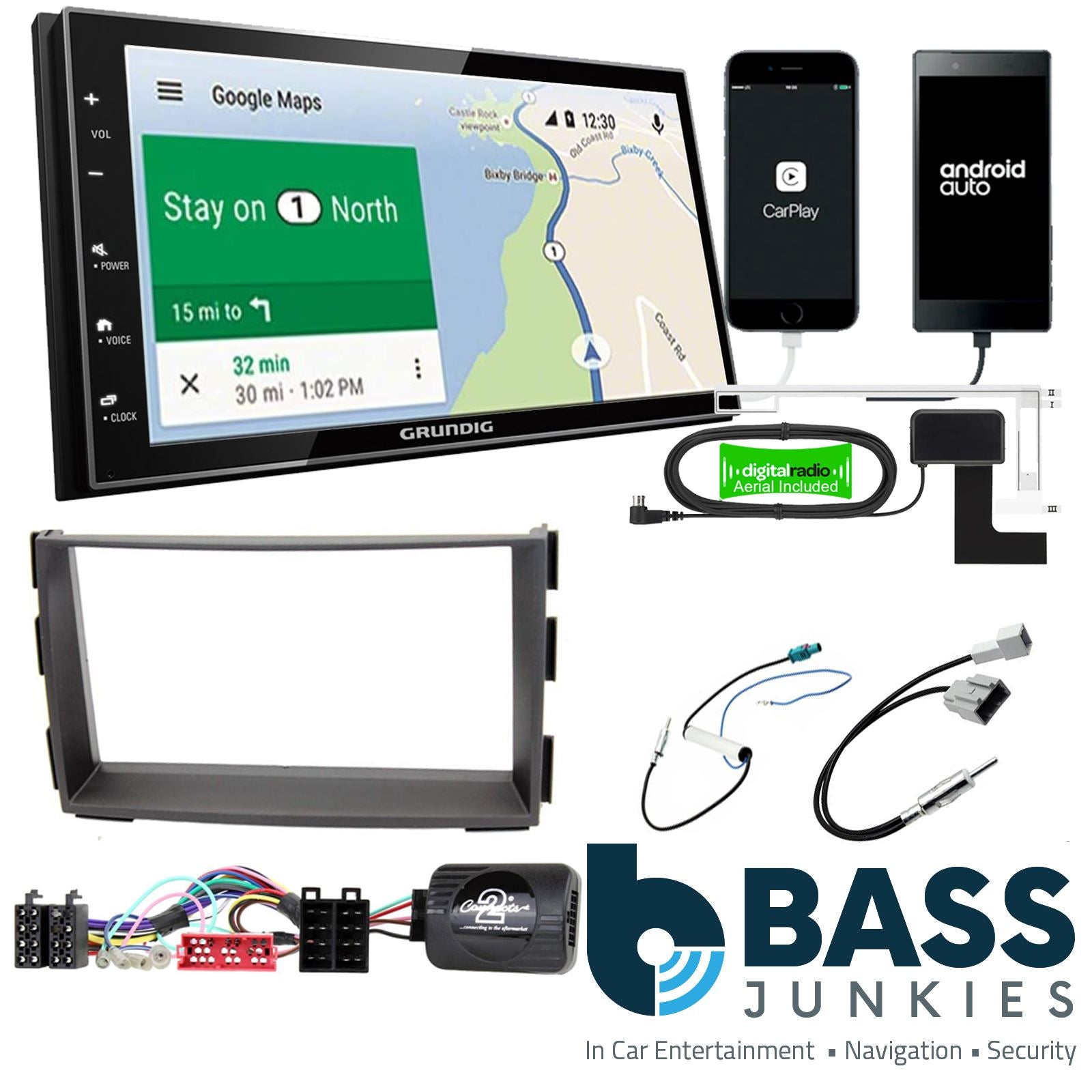 Grundig 6.8" Apple Android Double Din Stereo Fitting Kit + Steering Wheel Stalk Controls to fit Kia Venga 2010-
