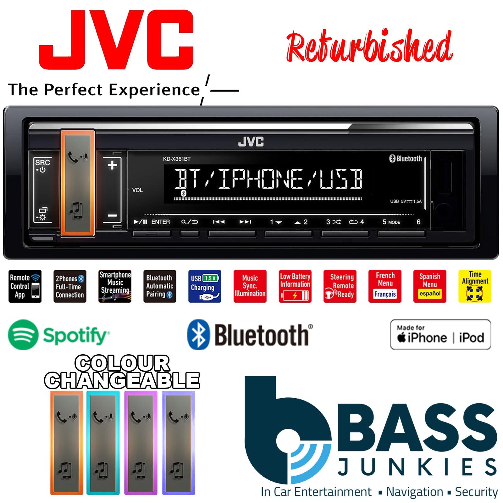 JVC REFURBISHED Premium Mechless Tuner Bluetooth, iPhone|Android|Spotify [USB|Steering Wheel Controls ] Bluetooth 2 Phones Full-Time Connection with Voice Dialing iPod/iPhone Music Playback