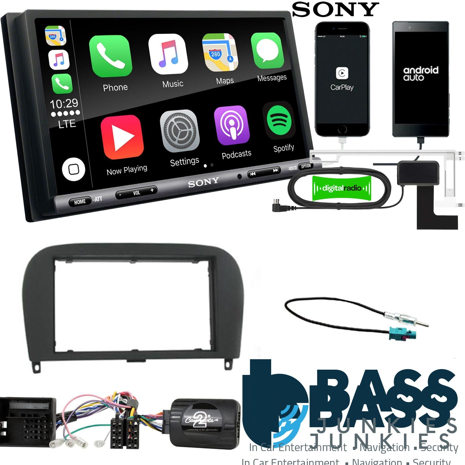SONY DAB+ Apple | Android Double Din Stereo Fitting Kit + Steering Wheel Stalk Controls to fit Mercedes SL 2004-14