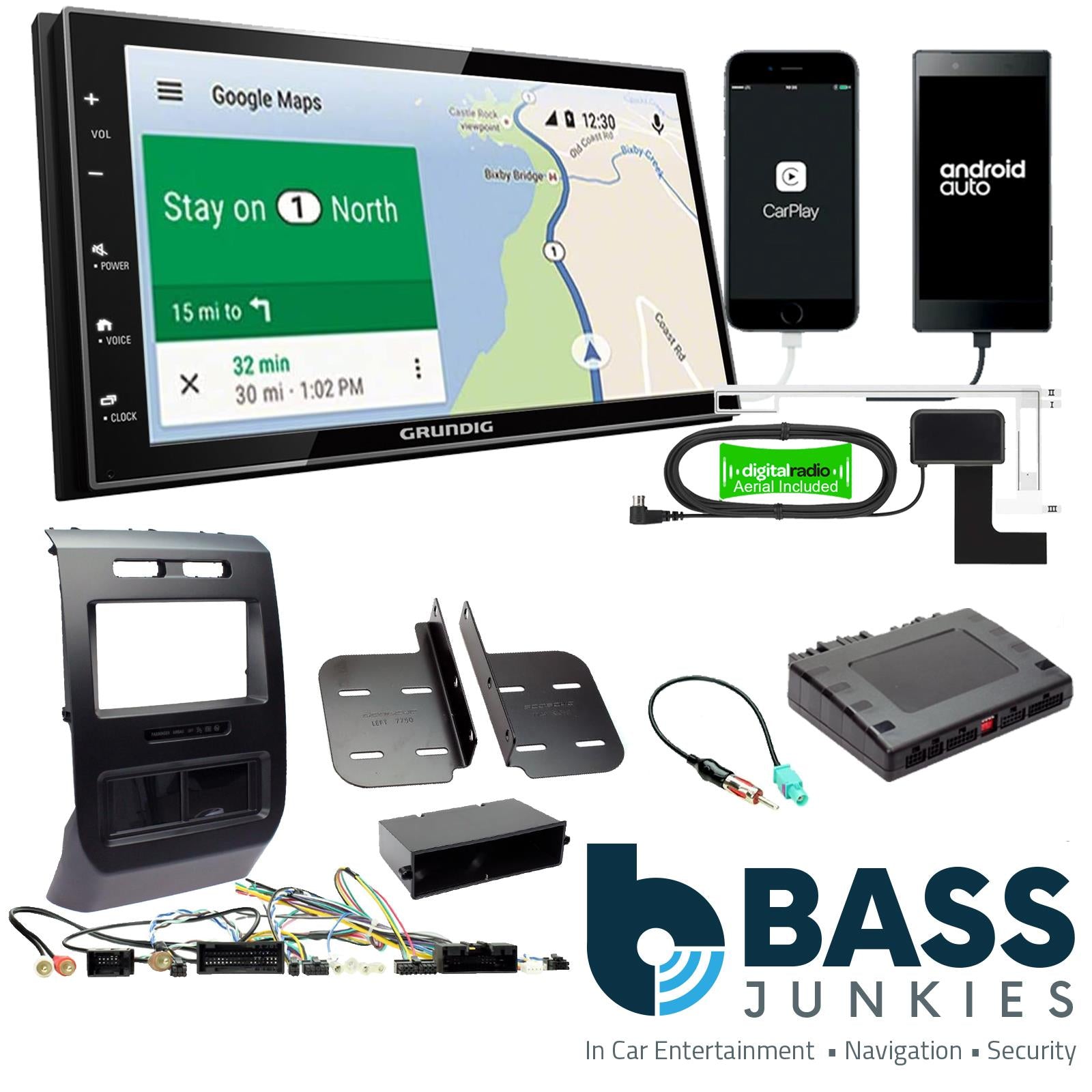 Grundig 6.8" Apple Android Double Din Stereo Fitting Kit + Steering Wheel Stalk Controls to fit Ford F-150 2015-20