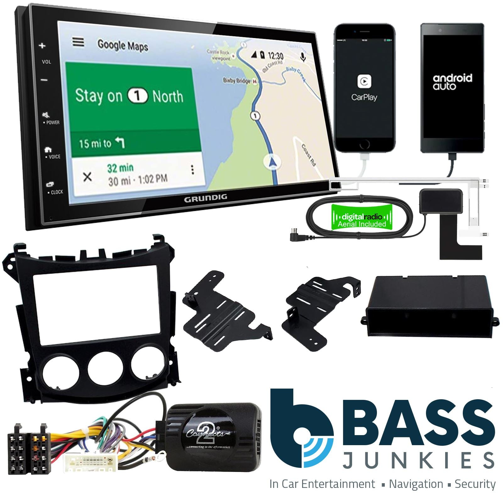 Grundig 6.8" Apple Android Double Din Stereo Fitting Kit + Steering Wheel Stalk Controls to fit Nissan 370Z 2009-12