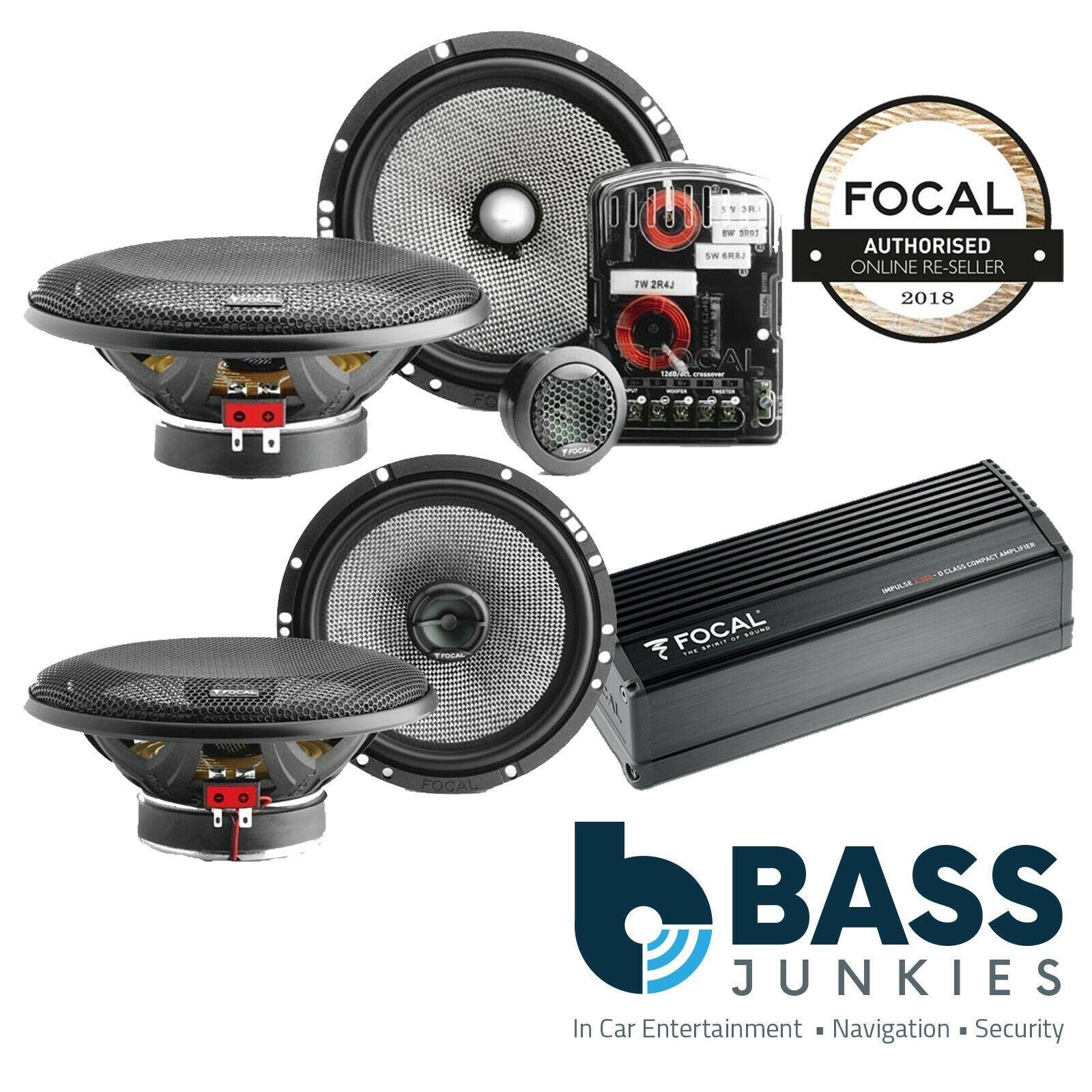 Focal 6.5" 240 Watts Component Front Car Speakers & 6.5" 240 Watts Coaxial Rear Speakers & 4 Channel 220 Watts Amplifier