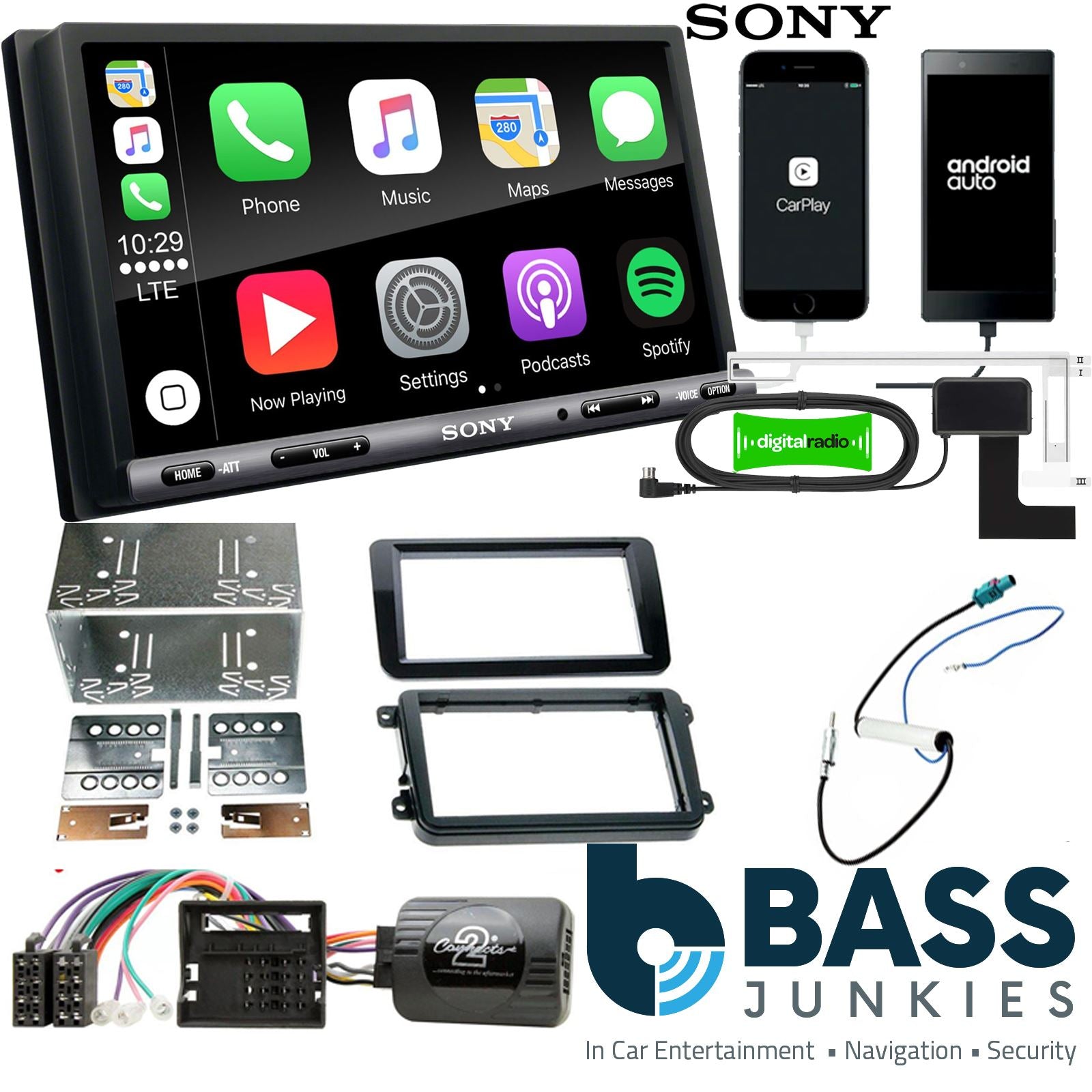 SONY DAB+ Apple | Android Double Din Stereo Fitting Kit + Steering Wheel Stalk Controls to fit Skoda Fabia 2007-14