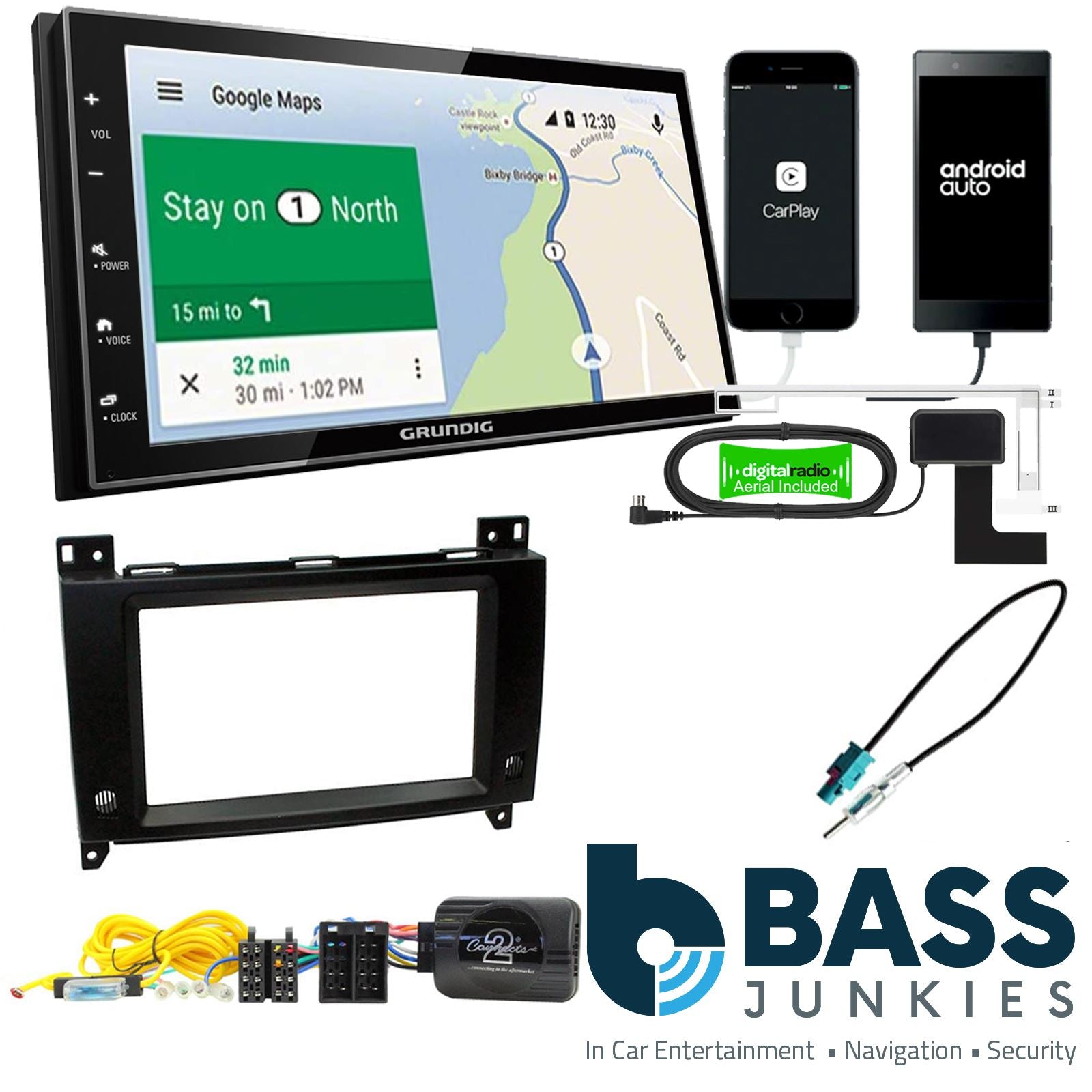 Grundig 6.8" Apple Android Double Din Stereo Fitting Kit + Steering Wheel Stalk Controls to fit Mercedes Vito 2015-21