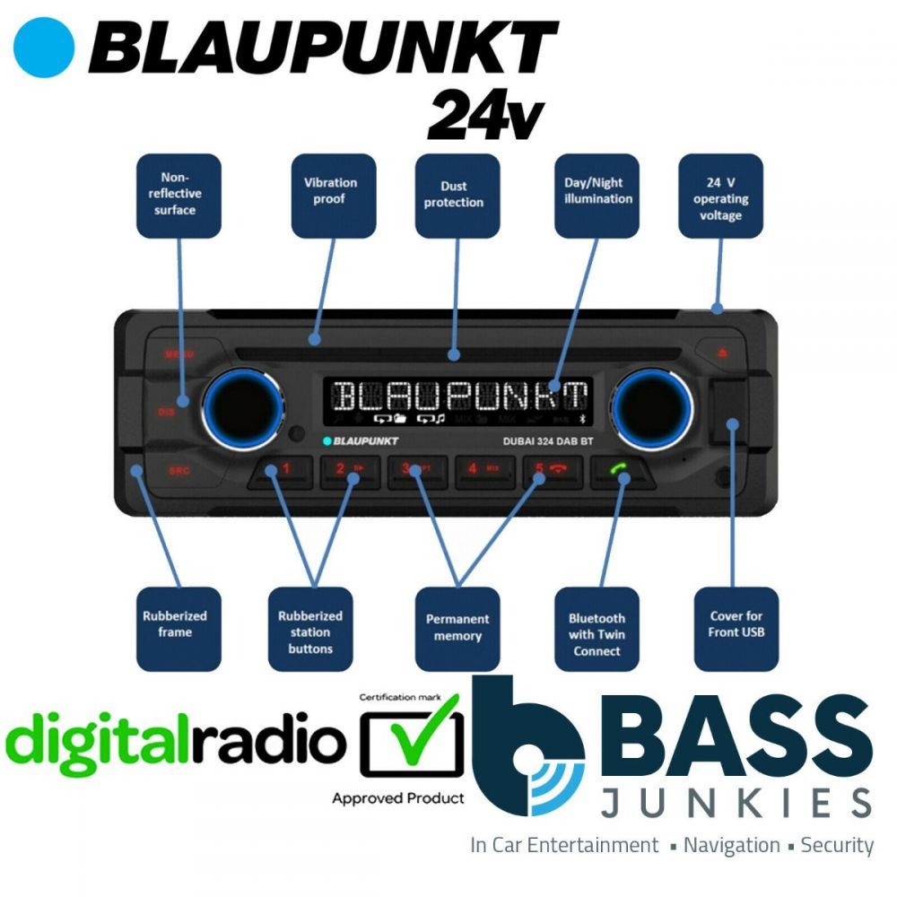 Blaupunkt DUBAI 324DAB - DAB Radio Bluetooth (24 Volt ONLY) Heavy Duty CD MP3 Front USB Aux 50 x 4 Watts Truck Lorry Bus Coach Tractor Stereo