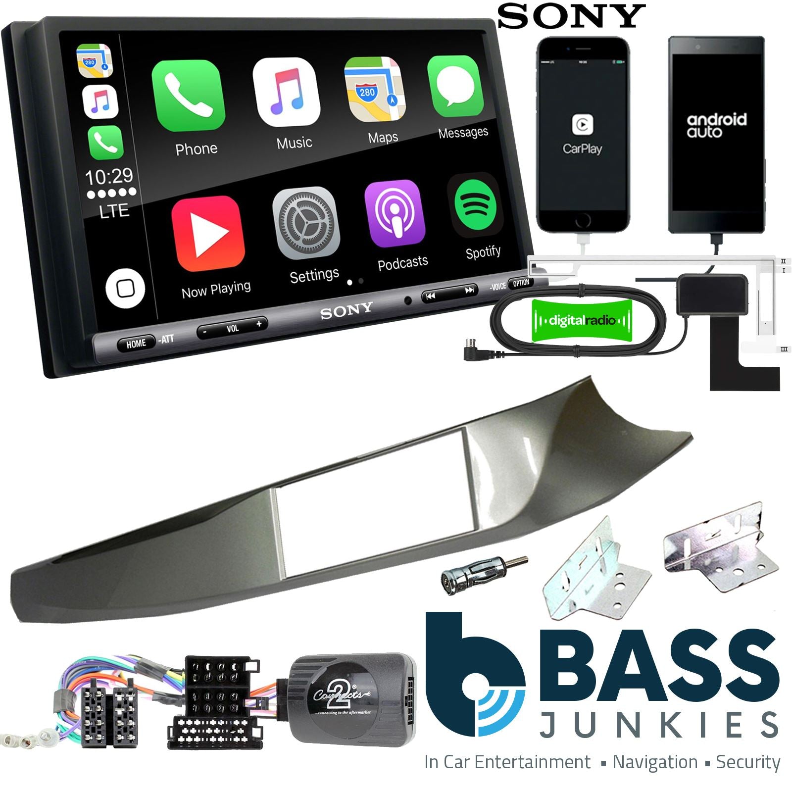 SONY DAB+ Apple | Android Double Din Stereo Fitting Kit + Steering Wheel Stalk Controls to fit Alfa Romeo Giulietta 10-14
