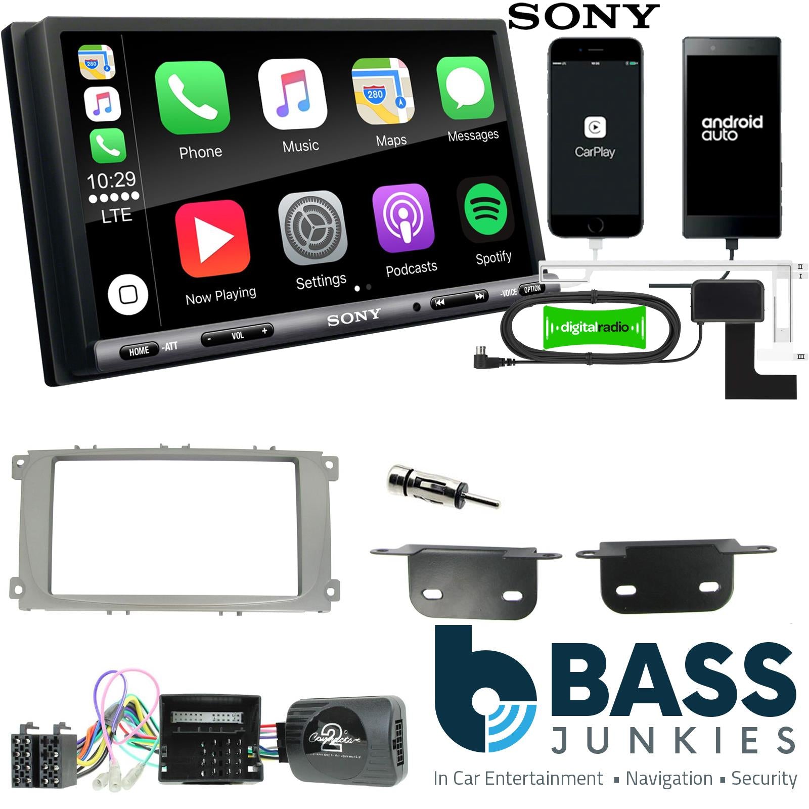 SONY DAB+ Apple | Android Double Din Stereo Fitting Kit + Steering Wheel Stalk Controls to fit Ford S-Max 2007-14 | Ford Focus 2007-11 | Ford Mondeo 2007-14