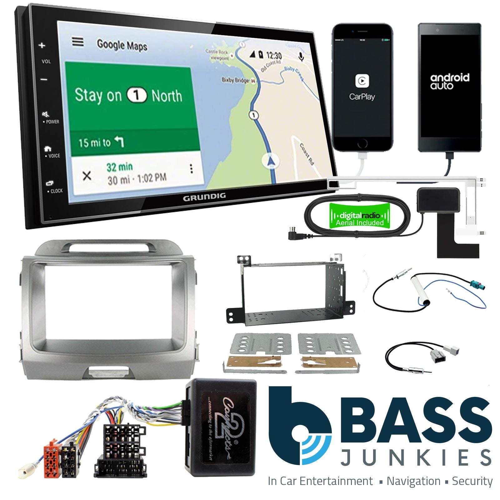 Grundig 6.8" Apple Android Double Din Stereo Fitting Kit + Steering Wheel Stalk Controls to fit Kia Sportage 2010-15