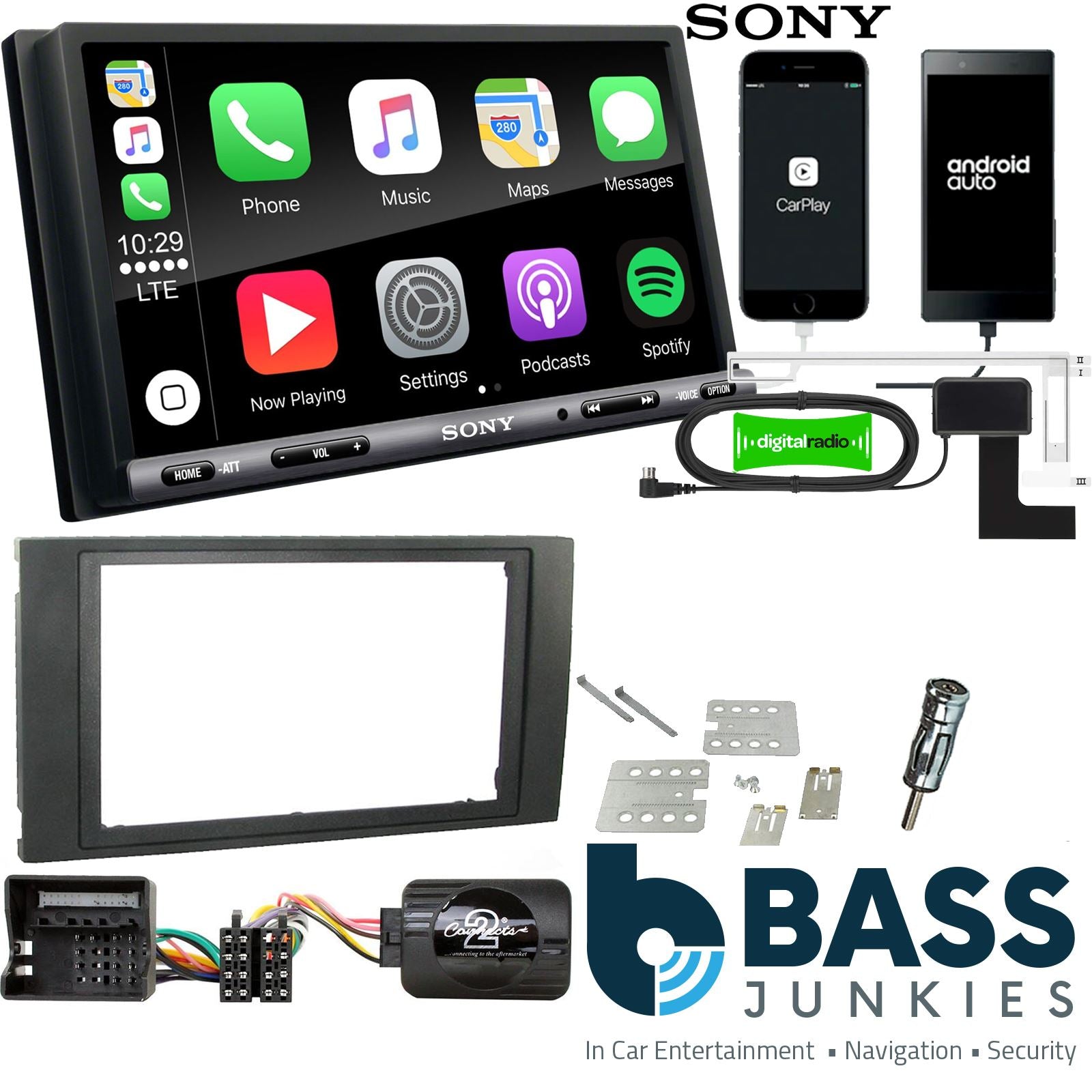 SONY DAB+ Apple | Android Double Din Stereo Fitting Kit + Steering Wheel Stalk Controls to fit Ford C-Max 2003-10 | Ford Focus 2004-07 | Ford Fiesta 2005-08