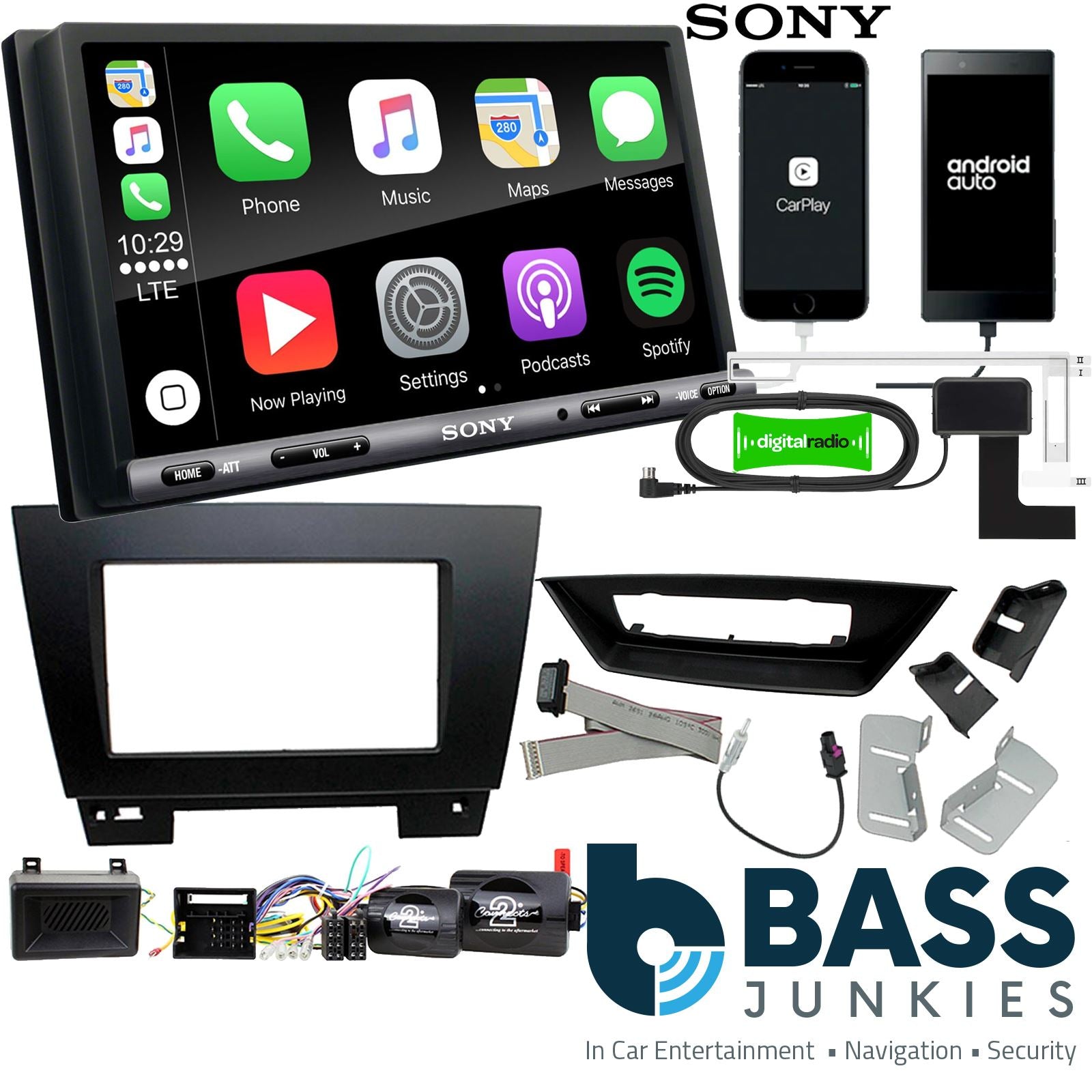 SONY DAB+ Apple | Android Double Din Stereo Fitting Kit + Steering Wheel Stalk Controls to fit BMW X1 2009-15