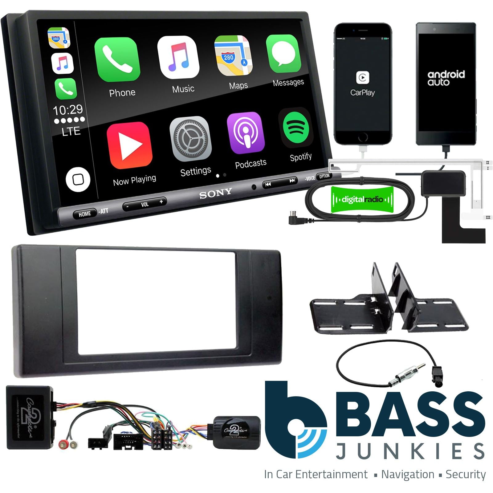 SONY DAB+ Apple | Android Double Din Stereo Fitting Kit + Steering Wheel Stalk Controls to fit Land Rover Range-Rover-Vogue 10-13