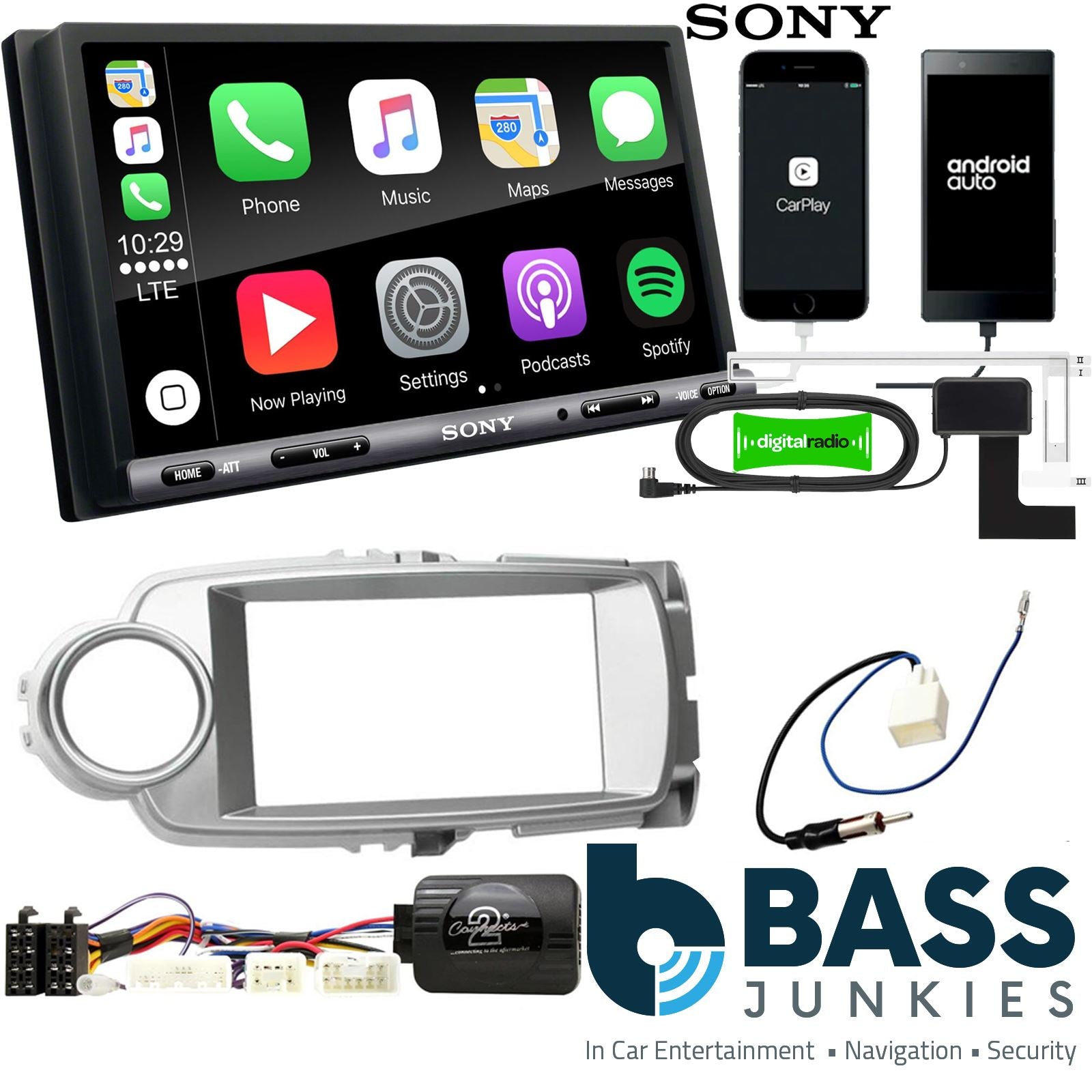 SONY DAB+ Apple | Android Double Din Stereo Fitting Kit + Steering Wheel Stalk Controls to fit Toyota Yaris 2011-17
