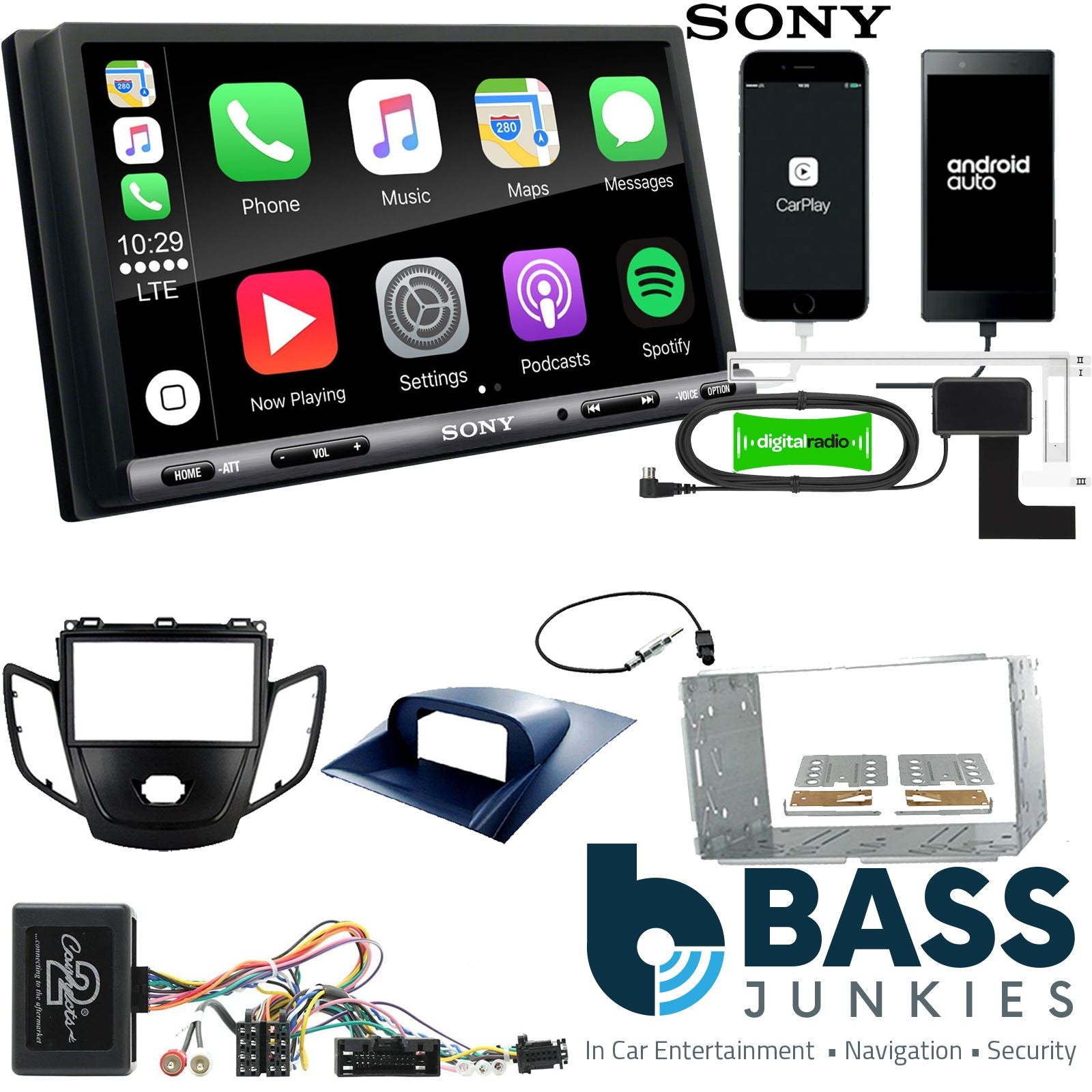 SONY DAB+ Apple | Android Double Din Stereo Fitting Kit + Steering Wheel Stalk Controls to fit Ford Fiesta 2010-12