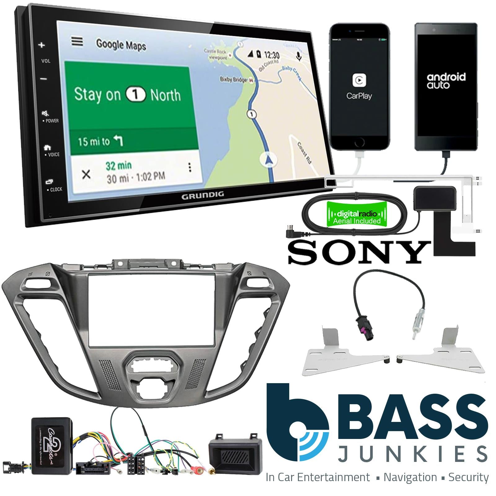 Grundig 6.8" Apple Android Double Din Stereo Fitting Kit + Steering Wheel Stalk Controls to fit Ford Transit-Custom 12-16