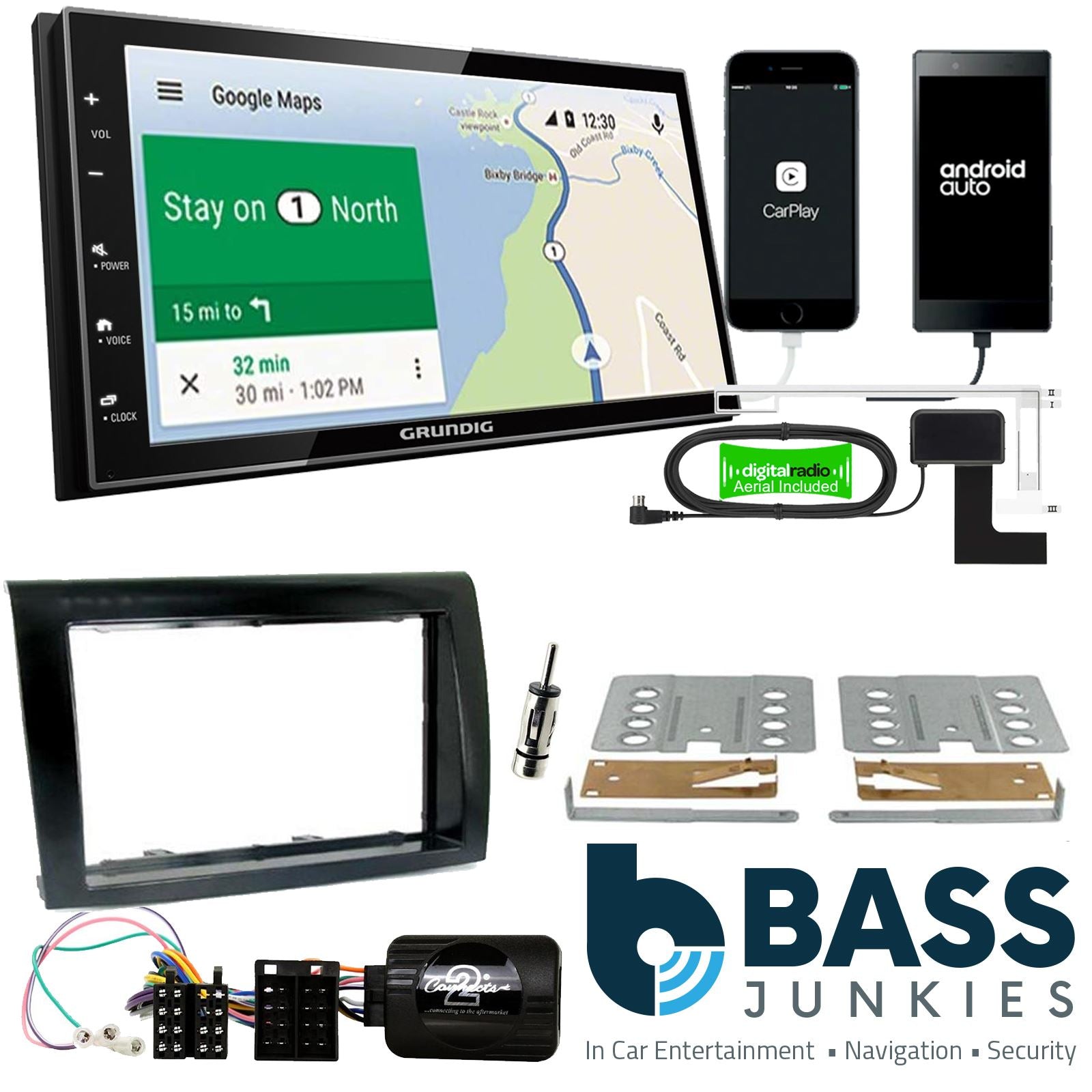 Grundig 6.8" Apple Android Double Din Stereo Fitting Kit + Steering Wheel Stalk Controls to fit Fiat Bravo 2007-14