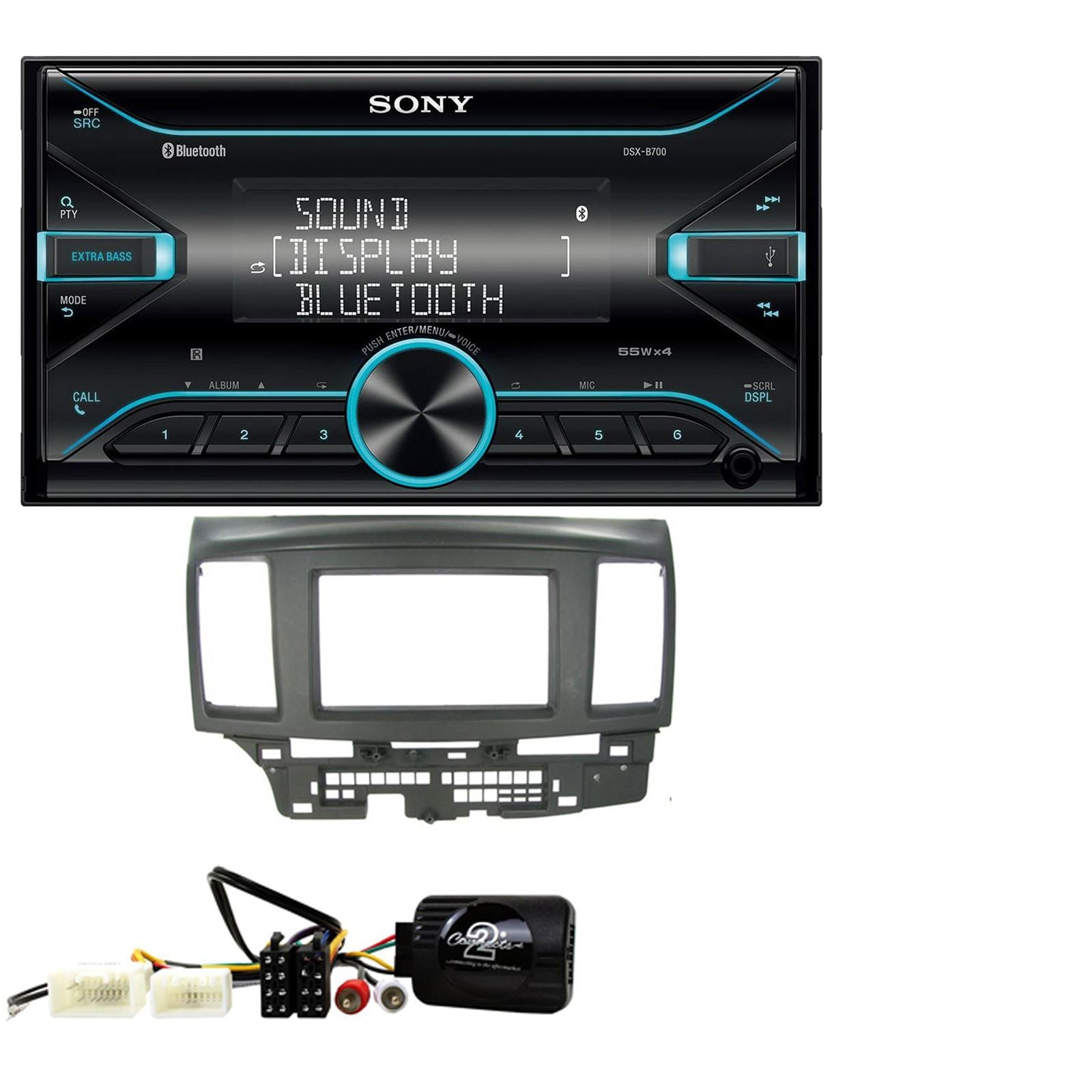 Sony DSX-B700 Bluetooth MP3 USB AUX 4 x 55W Double Din Car Stereo Radio Player + Connects2 Double Din + Steering Wheel Controls fits Mitsubishi Lancer 2008-10