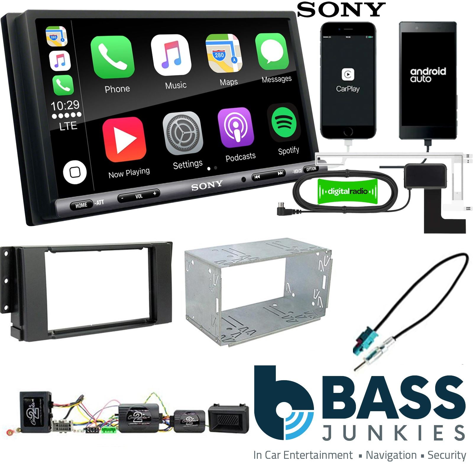 SONY DAB+ Apple | Android Double Din Stereo Fitting Kit + Steering Wheel Stalk Controls to fit Land Rover Freelander 06-14