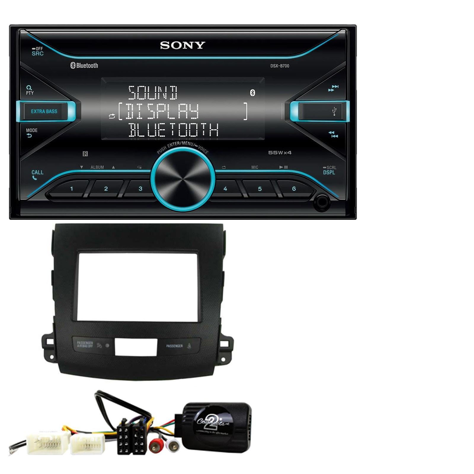Sony DSX-B700 Bluetooth MP3 USB AUX 4 x 55W Double Din Car Stereo Radio Player + Connects2 Double Din + Steering Wheel Controls fits Mitsubishi Outlander 2007-13