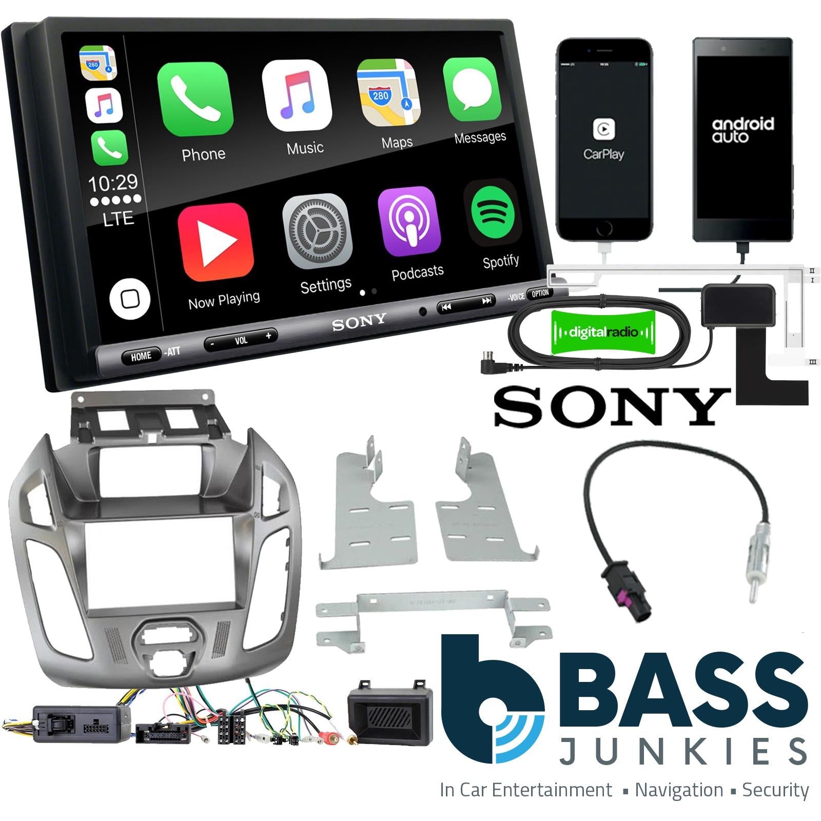 SONY DAB+ Apple | Android Double Din Stereo Fitting Kit + Steering Wheel Stalk Controls to fit Ford Transit-Connect 13-21