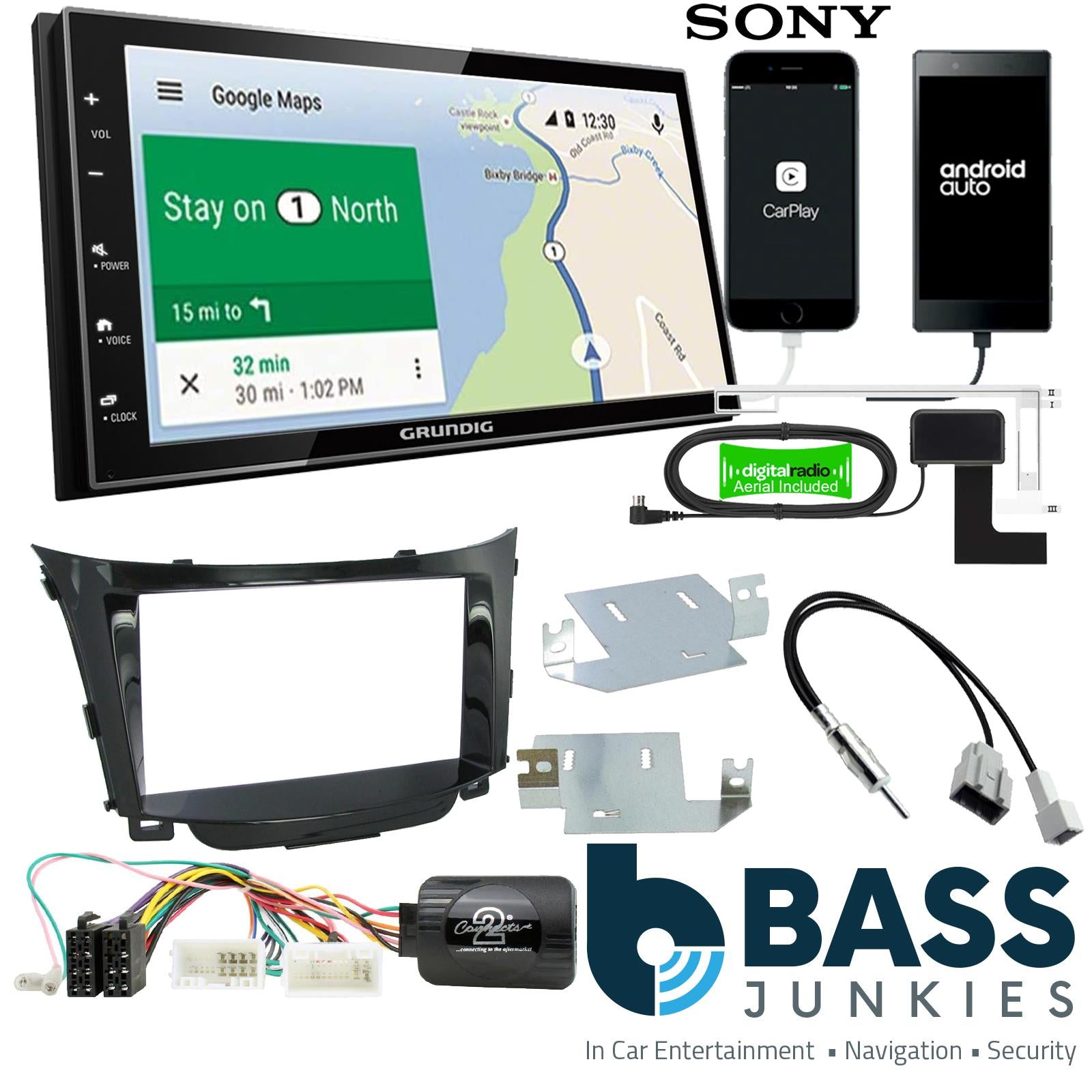 Grundig 6.8" Apple Android Double Din Stereo Fitting Kit + Steering Wheel Stalk Controls to fit Hyundai i30 2012-17