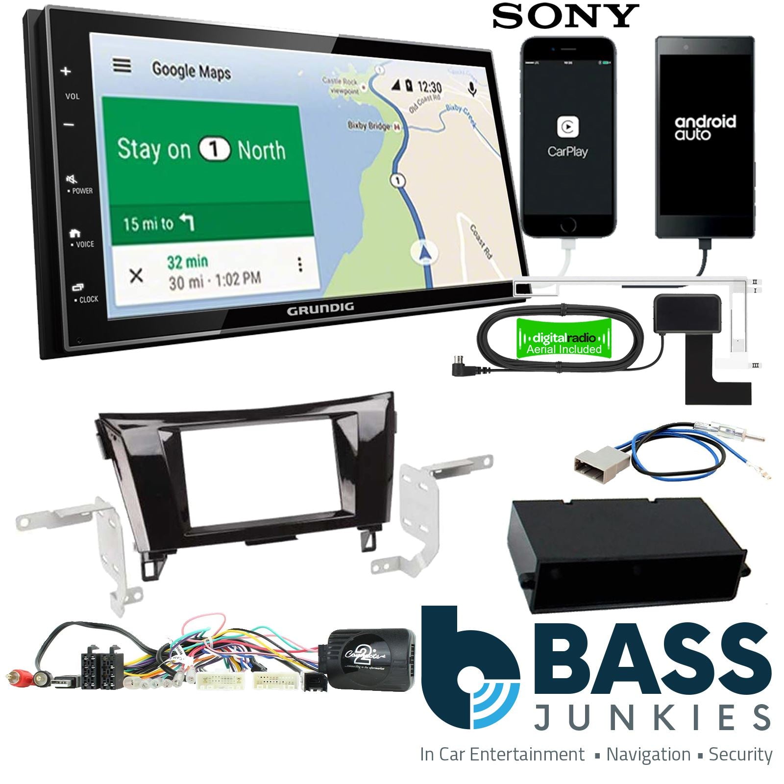 Grundig 6.8" Apple Android Double Din Stereo Fitting Kit + Steering Wheel Stalk Controls to fit Nissan Qashqai 2014-17 | Nissan X-Trail 2014-17