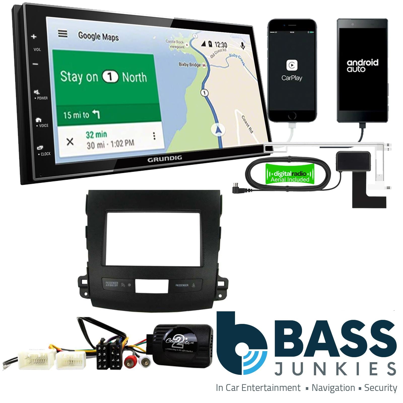Grundig 6.8" Apple Android Double Din Stereo Fitting Kit + Steering Wheel Stalk Controls to fit Mitsubishi Outlander 10-13